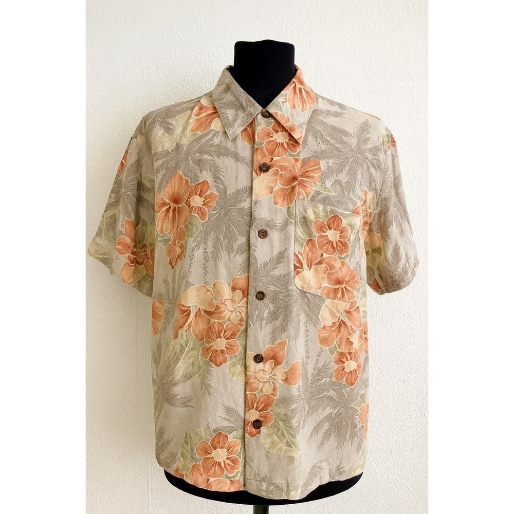 Caribbean Joe Shirt Men Large 100% Silk Hawaiian – Orange‎ Floral Aloha Camp